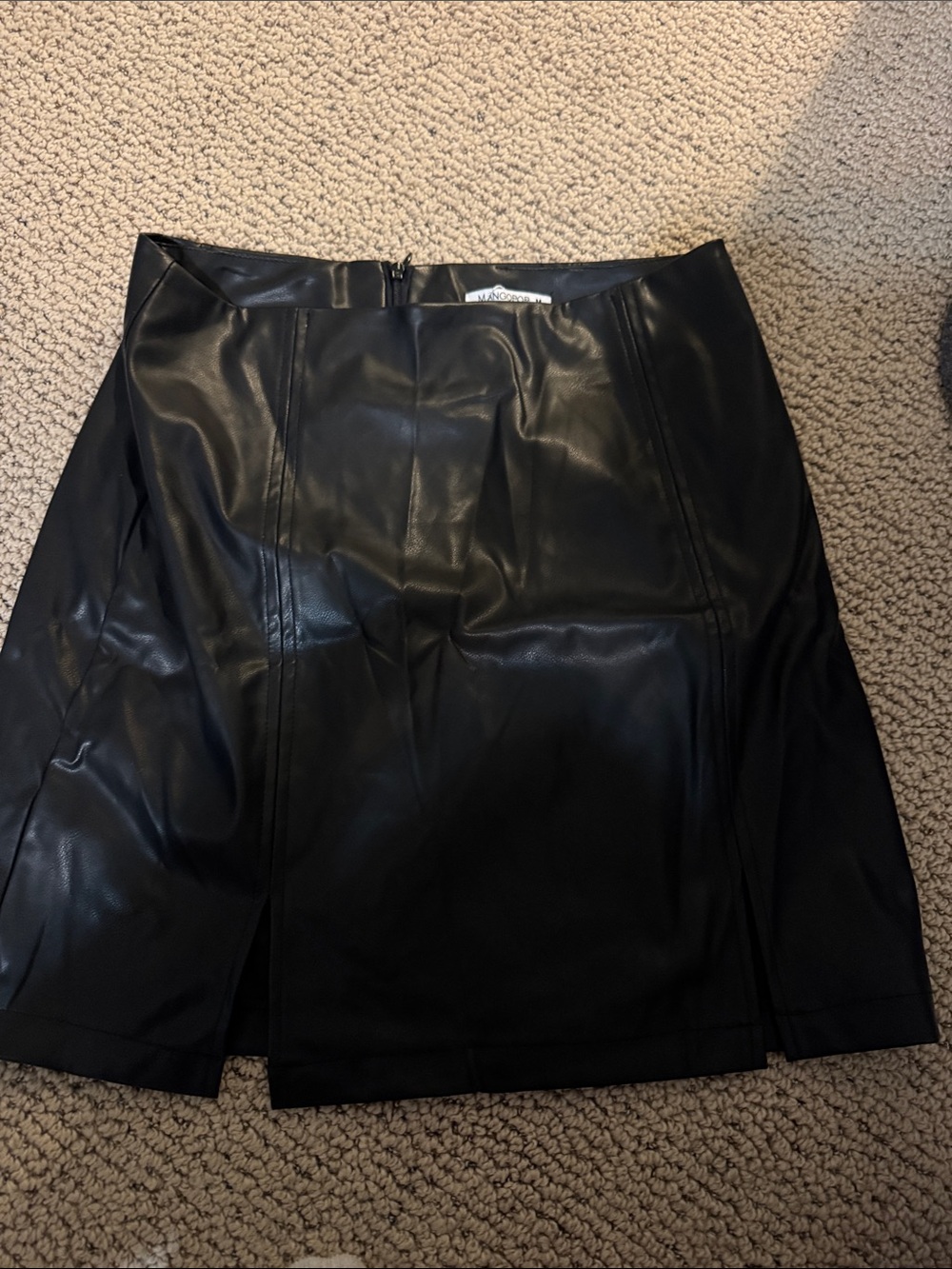 Black Faux Leather Mini Skirt with Front Slit - Women